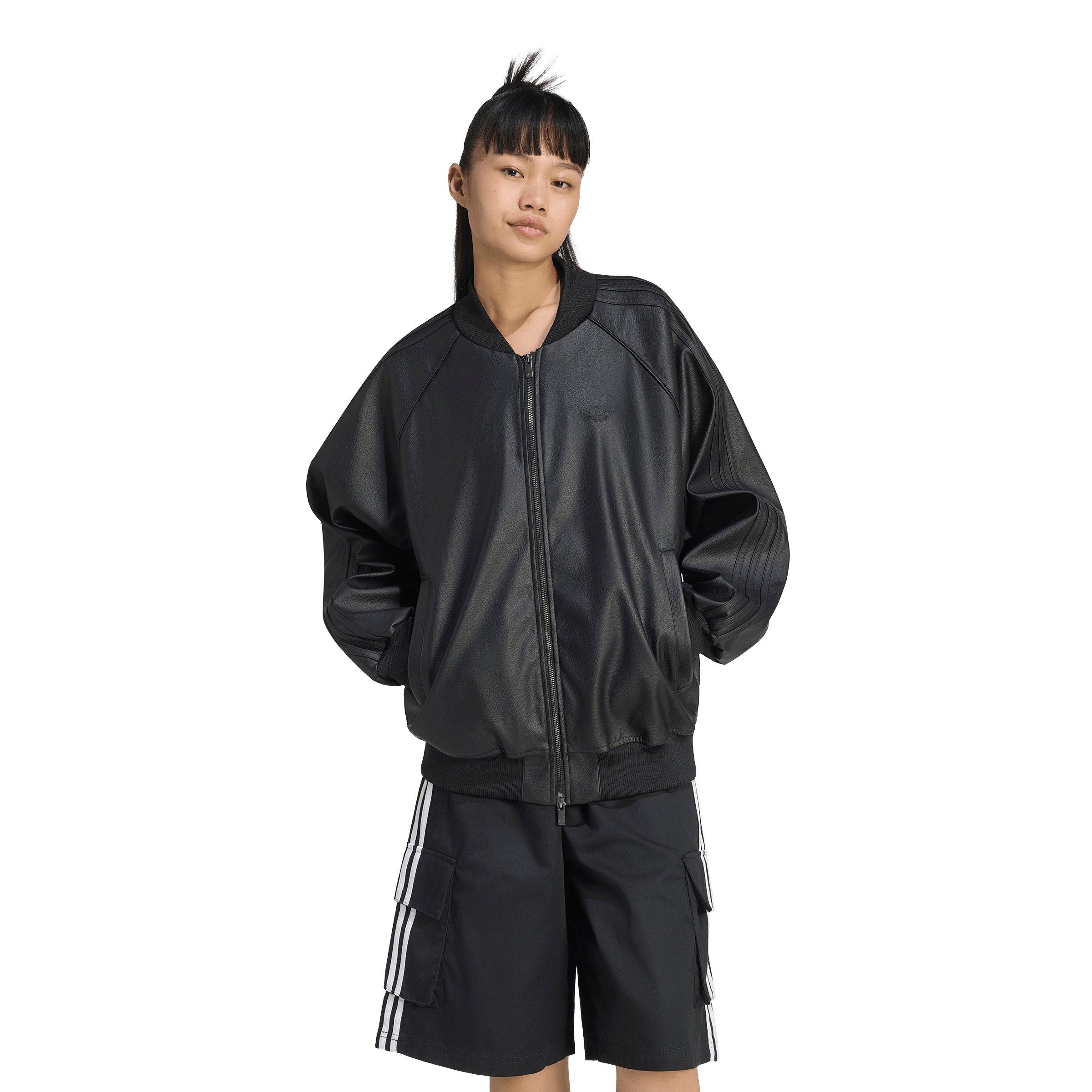 adidas Originals Women's Pleather Superstar Oversized Jacket - Black/Maroon - BLACK/MAROON